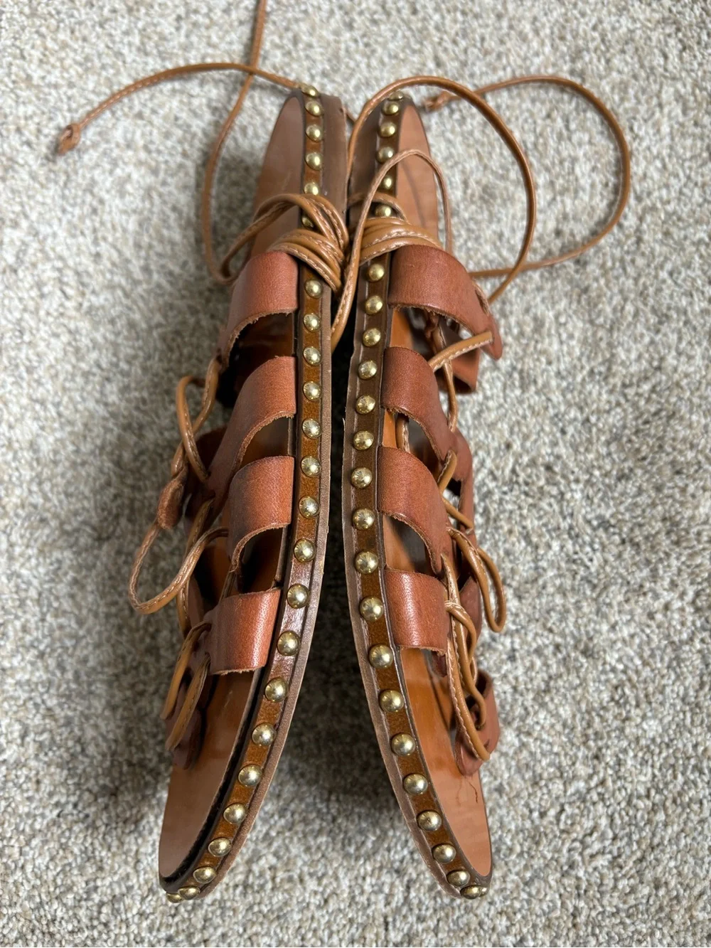 J. Crew- Women’s Leather Studded Ankle Wrap Sandals - Size 6.5 - Brown &‎ Gold